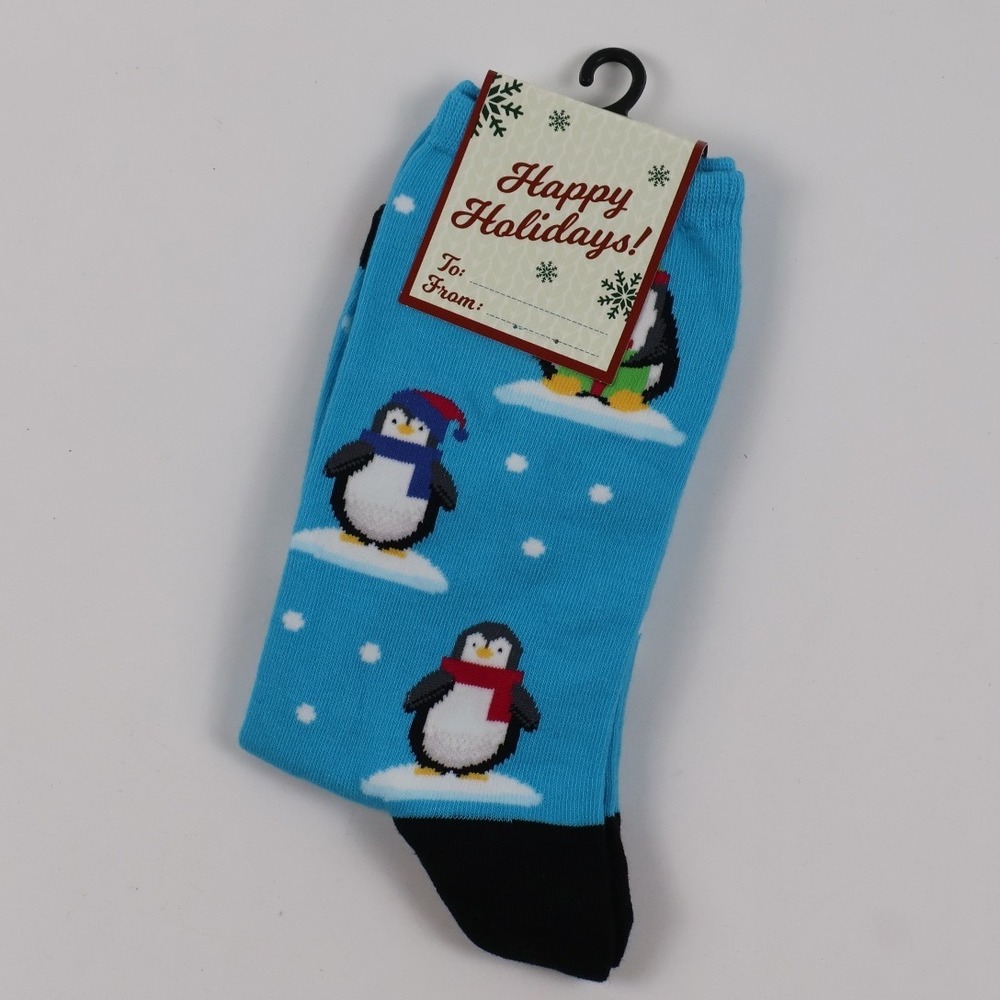 Sock Smith Penguin Holiday Crew Socks Blue Graphic Mens 8-13 Womens 9-11 NWT